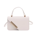 Minimalist white PU leather crossbody bag featuring gold metal diagonal trim and top handle - White