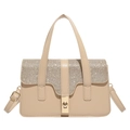 Elegant beige color-block handbag with sparkling silver sequins and gold metallic clasp - Khaki