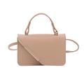 Front view of a nude pink crossbody bag with gold metal trim and top handle - Khaki