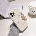 Creamy wavy iPhone case featuring iridescent hearts and elegant pearl chain bracelet - iPhone 7/8/SE 2020 / Holographic Pleated Heart (Cream White)