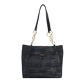 Retro grijze shopper met witte stippen, leren hengsels en gouden kettingaccenten - Donkerblauw