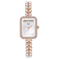 Gedi rose gold watch for women featuring a rectangular dial and double-row pearl strap - Rose Gold Case White Dial