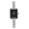 Women's quartz watch with black rectangular dial and white faux pearl beaded strap - Silver Case Black Dial