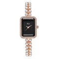 Gedi rectangle watch with black dial, rose gold case, and luxury pearl bracelet strap - Rose Gold Case Black Dial