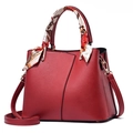 Elegant red leather handbag with lychee texture and decorative silk scarf on handle - Wine Red (With Red Scarf)