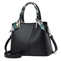 Elegant black lychee grain leather handbag with floral silk scarf and gold hardware - Black (With Green Scarf)