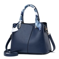 Elegant navy blue leather handbag with silk scarf handle and adjustable strap - Blue (With Blue Scarf)