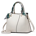 Elegant ivory faux leather tote bag with litchi texture and decorative silk scarf handle - Creamy White (With Green Scarf)