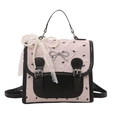 Pink floral backpack with black leather trim, lace bow, and pearl chain detail - With Charm / Pink