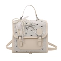 Sweet cream mini backpack with black bow print and pearl lace charm for women - With Charm / White