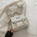 Chic beige backpack with floral pattern, pleated flap and metal bow decoration - No Pendant / White