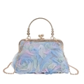 Sac de soirée en dentelle florale avec fleurs dégradées et bandoulière dorée luxe - Bleu