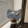 Modieuze blauwe denim crossbody tas met pailletten en parelketting voor dames - Zilver