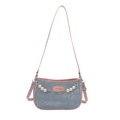 Chic light blue denim small square crossbody bag with pink trim and pearl chain strap - Pink
