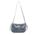 Washed denim crossbody bag in blue with pearl chain and fashion leather patch detail - Silver