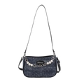 Fashionable denim crossbody bag with white polka dots and pearl flower chain strap - Black