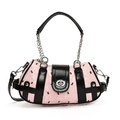 Borsa Boston rosa e nera con tessuto testurizzato, catena d'argento e chiusura a girello - Stampa astratta / Rosa