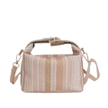 Fashionable striped woven straw tote bag with brown handles and a gold metal chain strap - Beige