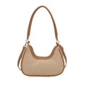 Minimalistische beige gewebte Sichel-Schultertasche mit braunem Kunstlederbesatz und Goldzipper - Khaki