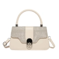 Elegant cream leather handbag with sparkling rhinestone flap and silver buckle closure - White