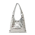 Silver metallic Hobo bag with punk style metal rivets and shoulder strap on white background - Silver