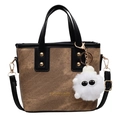 Brown vintage textured bucket bag with black handles and cute white plush charm - Khaki (Without Charm)
