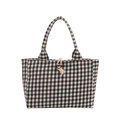 Minimalistische schwarz-weiße Gingham-Canvas-Tragetasche mit Vintage-Holzknebelverschluss - Schwarz