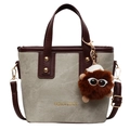Retro two-tone green tote bag with brown leather handles and plush monster charm - Beige (No Pendant)