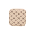 Beigefarbene quadratische Kosmetiktasche mit Vintage-Muster für Damen-Hygieneartikel - Linked Geometric Monogram Style / Monogramm Weiß