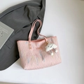 Large capacity pink striped tote bag for women featuring a cute plush cloud keychain - Pink With Pendant