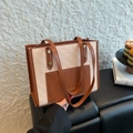 Chic checkered tote bag with brown leather straps and front pocket for women - Brown