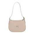 Minimalist beige crescent moon bag with silver bow accent and adjustable shoulder strap - White