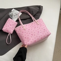 Pink floral tote bag set with bow pattern and matching wristlet for women - Pink