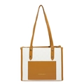 Borsa tote a scacchi bianca con manici in pelle marrone e tasca frontale esterna - Marrone