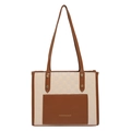 Sac fourre-tout minimaliste crème et marron avec motif damier et poche avant - Marron