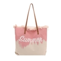 Pink gradient canvas tote bag with embroidered Summer text and brown leather straps - Pink