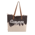 Chic canvas tote bag with Summer print, gradient colors, and brown leather handles - Black