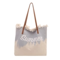 Canvas beach tote bag with Summer print, blue tassel trim and brown shoulder straps - Blue