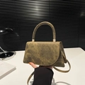 Olive green washed texture trapezoid handbag with gold metal hardware and top handle - Brown