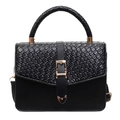 Retro black square crossbody bag with woven texture handle and gold belt buckle detail - Black