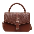 Brown woven texture crossbody bag with gold heart charm and top handle in minimalist style - Brown