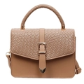 Chic beige crossbody bag with woven flap detail and top handle on white background - Khaki