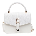 White textured shoulder bag with golden hardware and unique heart-shaped metal accents - White