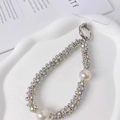 Detail of luxury pearl and rhinestone beaded phone strap with silver spring metal clasp - Big Pearl Rhinestone Chain + Transparent Patch
