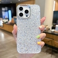 Glitzernde silberne Handyhülle für iPhone, in der Hand gehalten im Café-Ambiente - Hochglanz Silber Pailletten (Galvanisierte Hochglanz Silber Pailletten) / iPhone 7/8/SE 2020