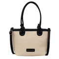 Bolso saco de tejido beige moderno con adornos de cuero negro y correa ajustable - Negro