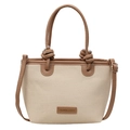 Bolso saco tejido en beige con ribete marrón oscuro y detalle de asa anudada - Caqui