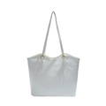 White faux leather tote bag with embossed butterfly floral patterns and gold buckles - No Pendant / White