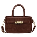 Brown crocodile embossed handbag with gold hardware and detachable shoulder strap - Brown