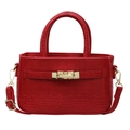 Red crocodile embossed handbag with gold rotary lock and detachable shoulder strap - Red